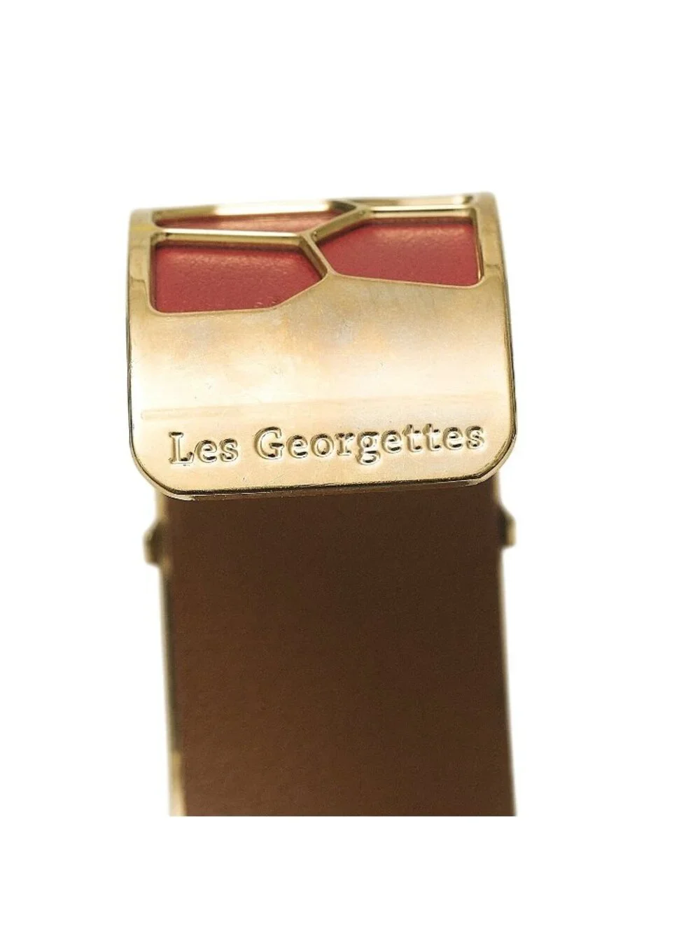 LES GEORGETTES Gold Plated Cuff Bracelet Red Leather Honeycomb Design France